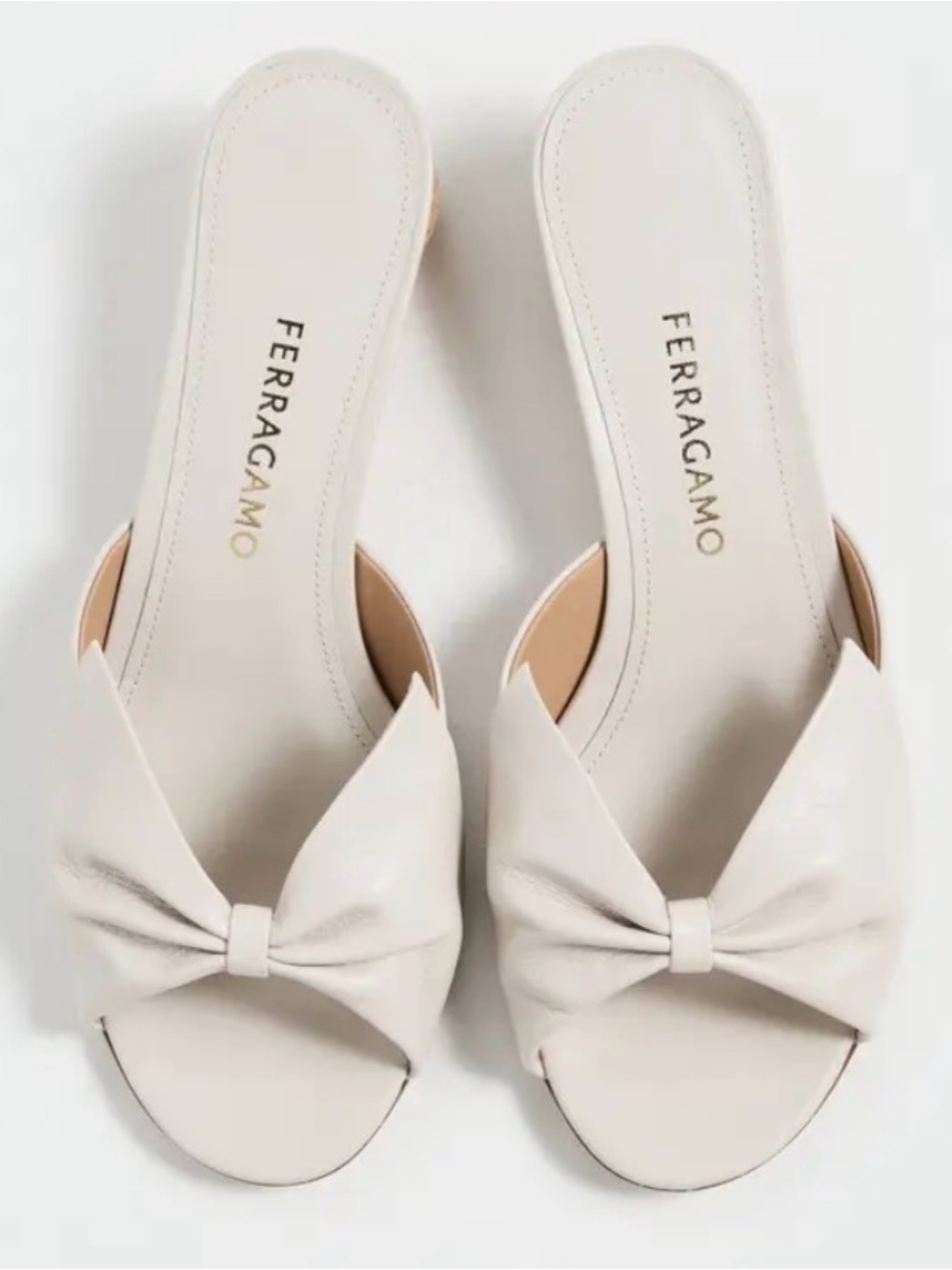 NIB Ferragamo Bulma Sandals 45mm Pumice Biscotto Size 8 / EU 38.5 Bow Heels